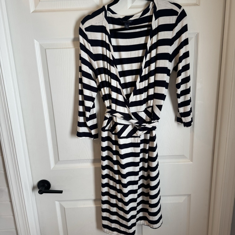 Tommy‎ Hilfiger Women Sz L Wrap Dress Long Sleeve Belted Blue White Stripe